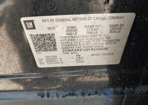 2019 Chevrolet Equinox Lt from USA, damaged, VIN 2GNAXKEV0K6149686